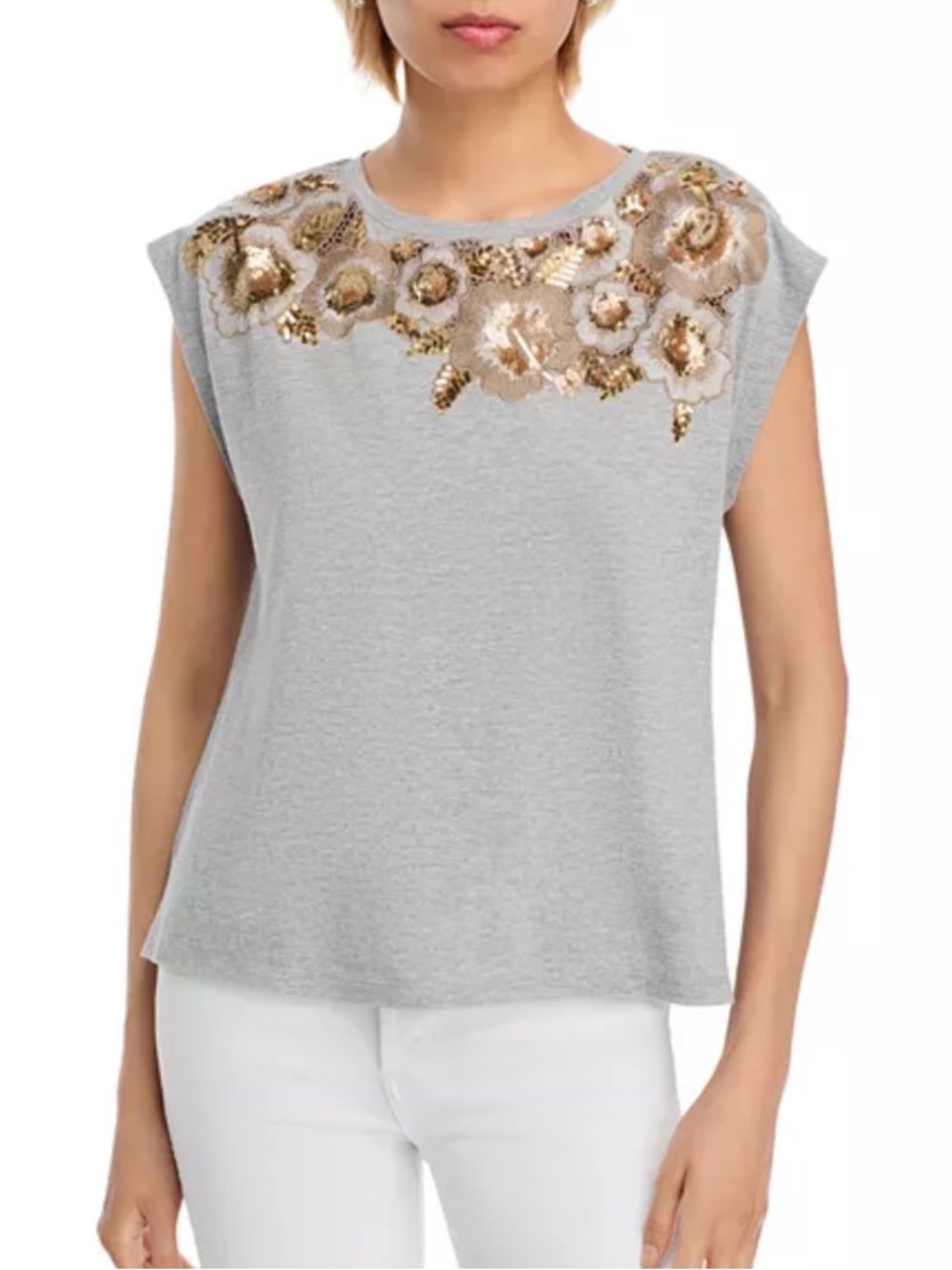 Kobi Halperin Gray Tank Top with Gold and Beige Sequin Floral Embellishment